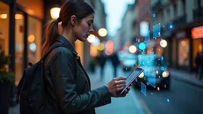 Woman using a tablet on a street scene