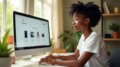 Woman browsing e-commerce categories on a desktop