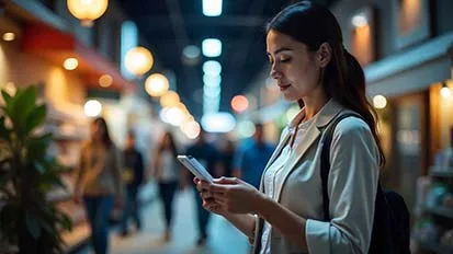 Young lady using her mobile on a street scene