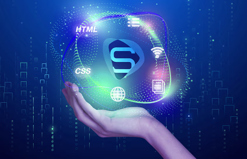 Hand with graphic elements displaying HTML, CSS, connectivity etc.