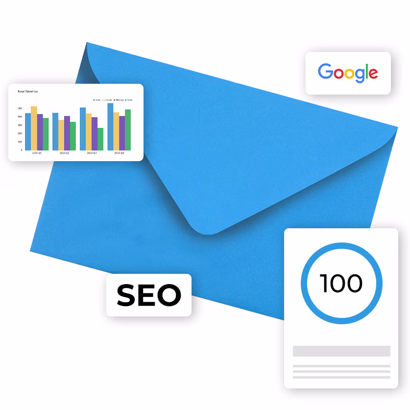 Envelop graphic element with google logo, a bar graph and the word SEO